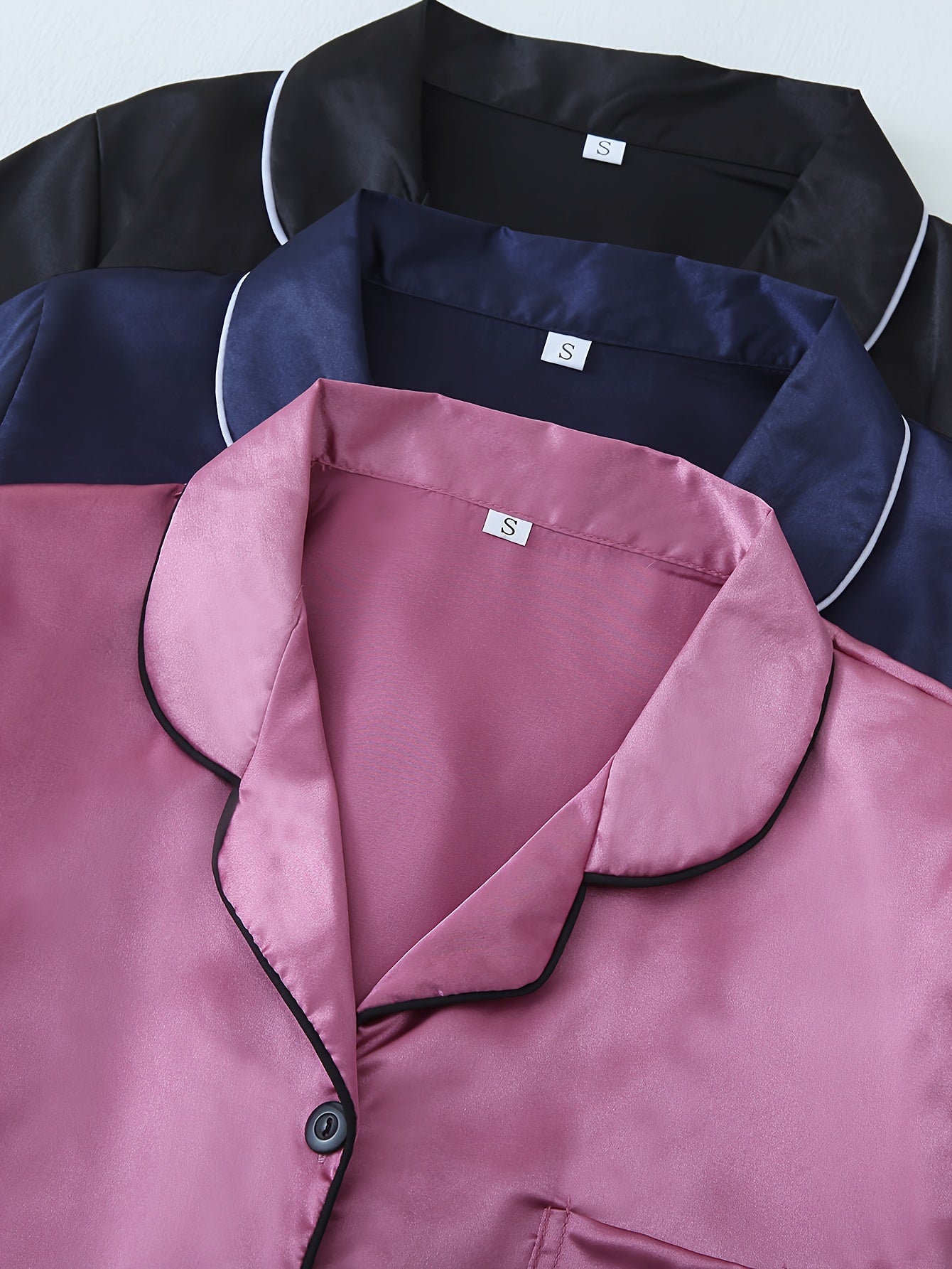 Women’s Premium Satin Night Suit Set – Pack of 3 (Pink, Navy Blue & Black)