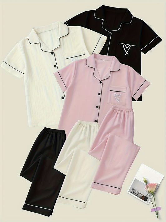 Women’s Cotton Night Suit Set – Pack of 3 (Black, White & Pink) | Short Sleeve Pajama Combo