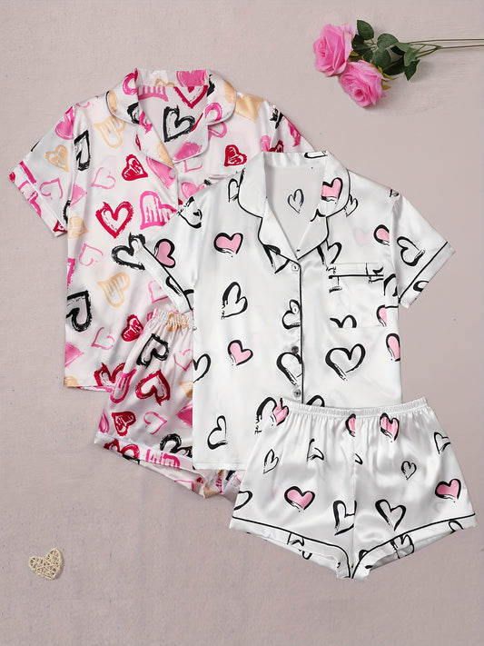 Women’s Satin Printed Heart Nightwear Set – Pack of 2 (Short Sleeve & Shorts Combo)