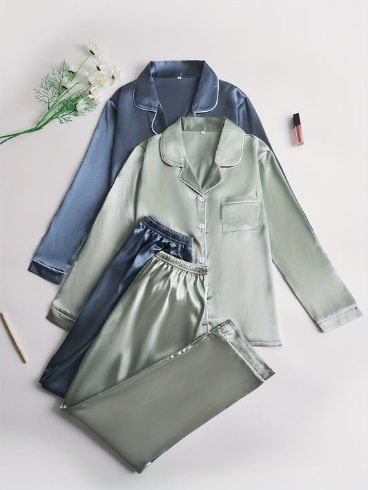 Women’s Premium Satin Night Suit Set – Pack of 2 (Olive Green & Steel Blue)