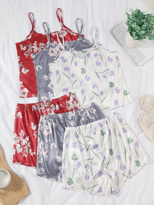 Women’s Premium Satin Cami Nightwear Set – Pack of 3 (Red, Grey & White Floral)